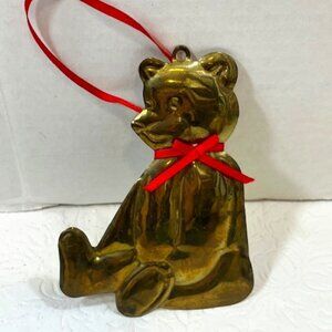 VTG Brass Teddy Bear Christmas Tree Hanging Ornament 4.25"x3"